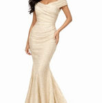 Cecilia Couture Off Shoulder Ruched Mermaid Gown‎ Ivory Size 6 Gold Photo 0
