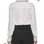 DKNY  Piped-Trim Tie Detail Button-Up Blouse Women's XS White/Black Long Sleeve Photo 2