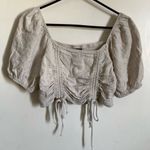 Wild Fable  Beige Linen Blend Cropped Balloon Sleeve Smocked Back Top #MBG Photo 0