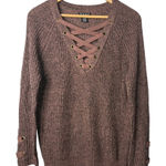 Poof New York  Brown Knit Sweater Lace Up Long Sleeve Pullover Women‎ Size Small Photo 0
