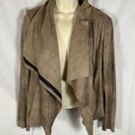 ZARA Women’s Faux Leather Suede Jacket Asymmetrical Cowl Neck Raw Hem Tan M Photo 2