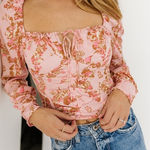 Free People  floral top hillary square neck tie front long sleeve bow boho blush Photo 0