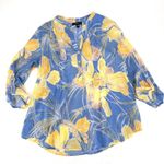 Cocomo Gauzy Floral Pintuck Popover‎ Blouse Top Blue Yellow Size Large Tropical Photo 0