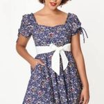 Unique Vintage  Navy Dakota Flare Whimsical Botanical Mushroom Dress Small Photo 13