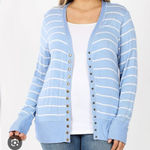 Zenana Plus Lightweight Snap Striped Cardigan Soft Blue White Sweater Size 2x NE Photo 0