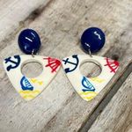 Vintage Nautical Anchor Sailboat Earrings Blue White Triangle Dangle Retro Photo 1