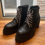 Catherine Malandrino Punk Goth Black High Platform Heel Boots with Striped Laces and Zipper on Side Photo 2