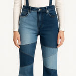 American Bazi Multi Blue Patchwork Denim Bell Bottoms Suspenders Boho Hippie L Size 12 Photo 0