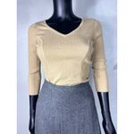 Takeout Bisque V Neck Ribbed Knit Sweater Fitted Long Sleeve Neutral Top Small Tan Photo 3