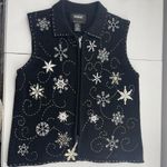 Vtg Size PM Petite Sweater Vest Snowflakes Full Zip Up Black Christmas Woman's Photo 4