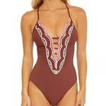 BECCA by Rebecca virtue Becca Delilah Brown Plunge Neck Crochet One Piece Swimsuit Size Small Photo 0