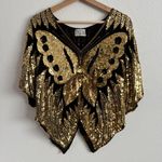 Vintage 70s Gold Black Silk Sequin Beaded Butterfly Boho Disco V Neck Drape Top Photo 0