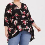 Torrid Black Pink Floral Hi Lo 3/4 Sleeves Georgette Tunic Wrap Blouse 1X Photo 0