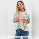 American Eagle AE Cozy Cropped Flannel Shirt Size M in a mint Green & Creme Plaid Pattern Photo 1