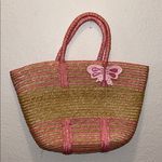 Vintage Pink and Tan Woven Straw Tote Bag with Butterfly Photo 0