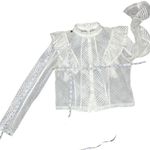 H&M Women's White Lace Ruffled Long Slit Sleeve Button Up Back Mock Neck 10 Photo 4