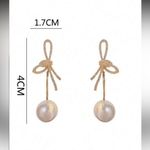 Elegant Gold and faux Pearl Drop Earrings 1pair Luxury Cubic Zirconia Bowknot Photo 3