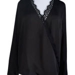Allison Joy  Charlotte Black Faux Wrap Lace‎ Trim Long Sleeve Surplice Blouse M Photo 0
