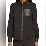 Karl Lagerfeld PARIS Women's Faux-Leather Black Trim Knit Button Down Shirt-Sz M Photo 0