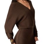 NWT OGL Chestnut Brown Ribbed Surplice Batwing Long Sleeve Knit Dress Size Large Photo 1
