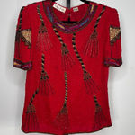 Laurence Kazar Vintage  100% Silk Beaded Sequin Tassel Blouse Red‎ Holiday Bling Photo 0