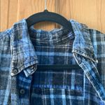 Women's Teen Girl Size Large Blue and Brown Button Down Plaid Shirt Photo 1
