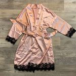 Pink Satin Robe with Black Lace Trim Photo 0