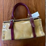 NWT Claudia Firenze Italian Leather Handbag | Yellow Burgundy | Studded Satchel Tan Photo 5