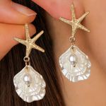 Gold‎ Starfish and Pearl Shell Faux Fashion Earrings. Gold Size undefined Photo 2