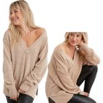 Aerie NEW  Womens Open Knit Oversized V-Neck Sweater Medium Y2K Tan Minimalist Photo 1