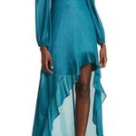 FLORET STUDIOS Cascading Small Ruffle Long Sleeve Satin Dress in Teal Green Photo 0