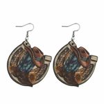 Western style wooden with sunflower shape‎ pattern drop hook earrings Brown Photo 3