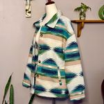 White with Earthy Toned Southwest Pattern Winter Collared Jacket with Pockets Blue Size M Photo 1