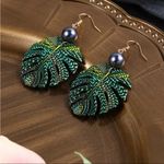 Bohemian Style Green Leaf Drop Earrings With Imitation Pearl Hollow Photo 9