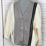 Porter Collective Denim Knit Bomber Sweater Jacket Taupe Cream Small Gray Photo 0