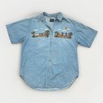 Vintage Denim Shirt Short Sleeve Women's L Embroidered Animal Scene Noah's Ark Blue Size L Photo 0