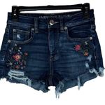 American Eagle SZ 2 Hi-Rise Shortie Jean Shorts Floral Embroidered Distressed Photo 0