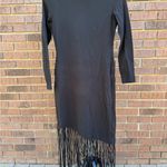 H&M Solid Black Fringe Long Sleeve Dress Mock Neck Women's Size Medium EUC Photo 1