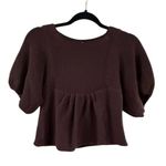 Free People  Brown Button Down Puff Sleeve Crop Top Photo 2