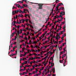 Ann Taylor Magenta Geometric V-Neck Faux Wrap Blouse Women's Size Large Photo 0
