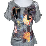 ZARA Trafaluc S Gray Floral "ME IS ALL YOU NEED" Distressed Cold Shoulder Top Sm Photo 0