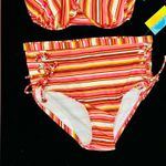 Island Rays NWT Ladies 1X Two Piece Bikini Set Striped Swimsuit Padded Top Pink Photo 4