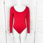 PINK - Victoria's Secret Pink by Victoria’s Secret Ribbed Henley Bodysuit Red Medium Long Sleeve Thong Photo 0