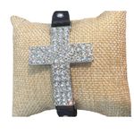 Rhinestone Sideways Cross Black Leather Bracelet Snap Closure 6.5" 7" NEW Silver Photo 0