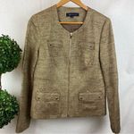 Anne Klein Linen Blend Tan & Gold Metallic Colarless Blazer Jacket 10 Photo 0