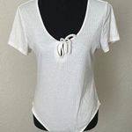 Wild Fable White Plunge Neck Short Sleeve Bodysuit with Tie Front Photo 0