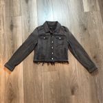 EXPRESS Women’s Denim Jacket Small Black Cropped Distressed Raw Hem Jean Jacket Photo 1