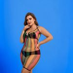 Plus Size Sexy Lingerie Dress ‎ Rainbow Striped Ring Decor Halter Neck Slim Fit Photo 2