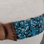 Vintage Womens Beaded Fashion Belt Turquoise Black Wood Buckle Elastic‎ Boho Blue Photo 3
