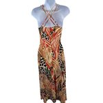 Alyn Paige Brown Orange Halter Neck Wood Beads Animal Print Maxi Dress Cruise Photo 3
